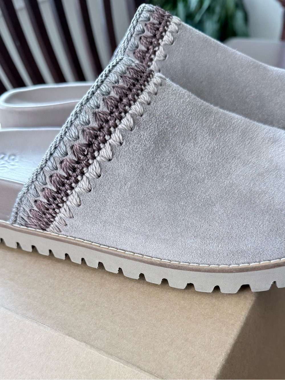 The Sak Women's Suede Slip-On Mules in Light Taupe with Crochet Trim